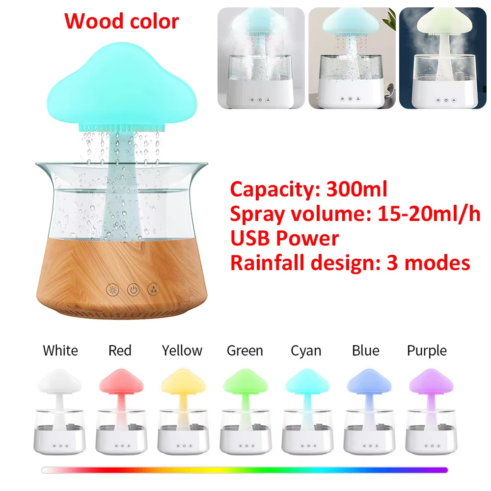 Mushroom Air Humidifier Rain Cloud Night Light Smell Distributor Water Drops Sounds Diffuser Calming Relax Aromatherapy Lamp