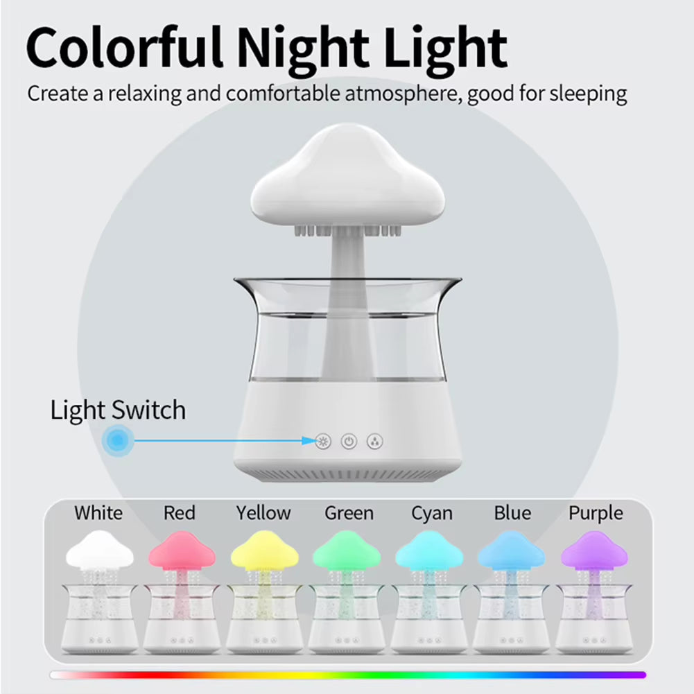 Mushroom Air Humidifier Rain Cloud Night Light Smell Distributor Water Drops Sounds Diffuser Calming Relax Aromatherapy Lamp