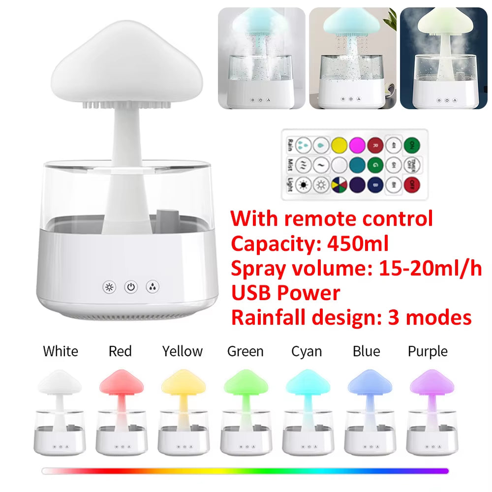 Mushroom Air Humidifier Rain Cloud Night Light Smell Distributor Water Drops Sounds Diffuser Calming Relax Aromatherapy Lamp