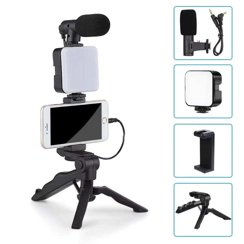 Smartphone Vlogging Kit with Tripod Phone Holder Mini Microphone LED Fill Light Starter for Tiktok Live Stream Video Youtube