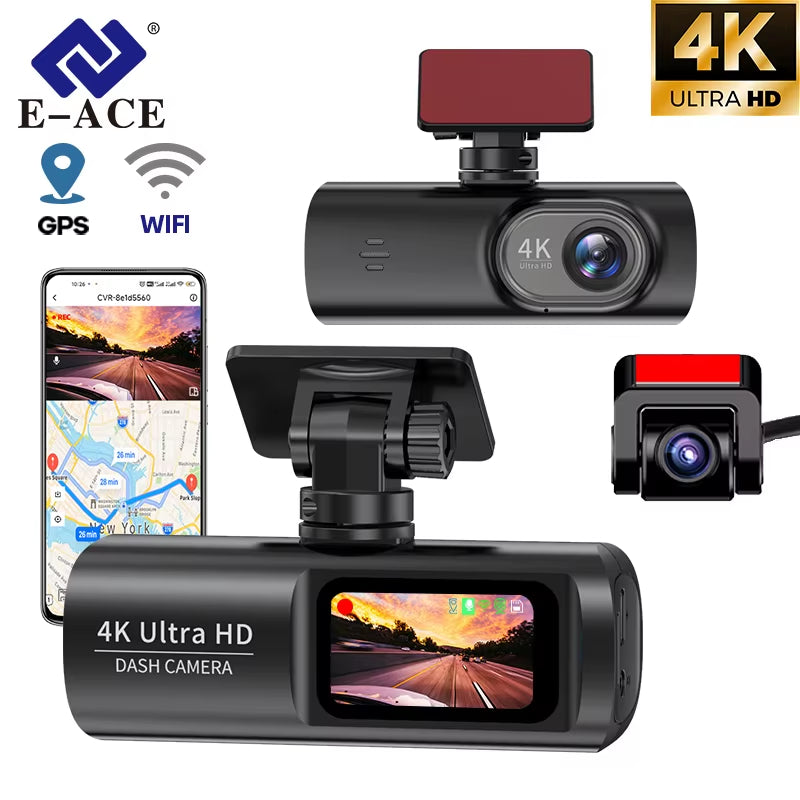 Dash Cam UHD 4K for Car Camera Night Vision with GPS Wifi 24H Parking Loop Record 4K Front and 1080P Rear Dual Lens