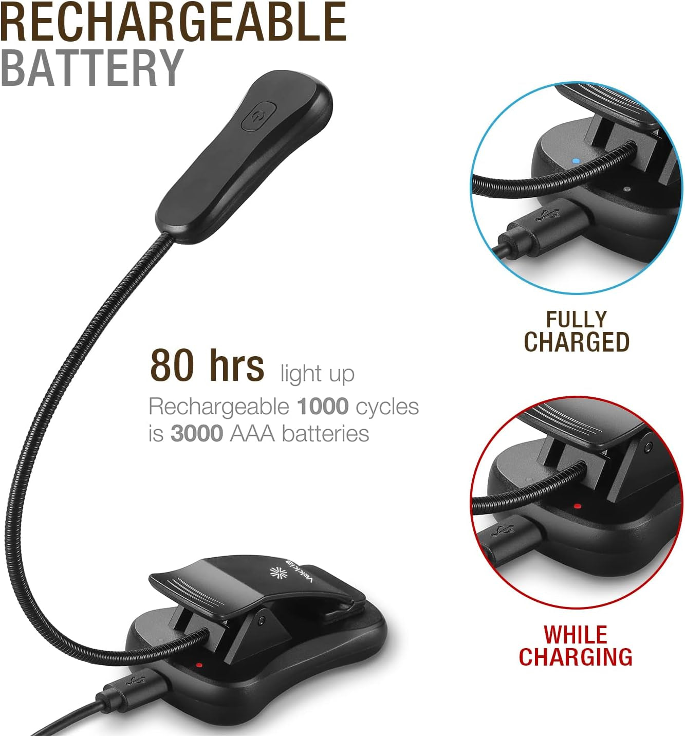 Rechargeable 3000K LED Book Light, Easy Clip on Reading Lights for Reading in Bed. Perfect for Readers.