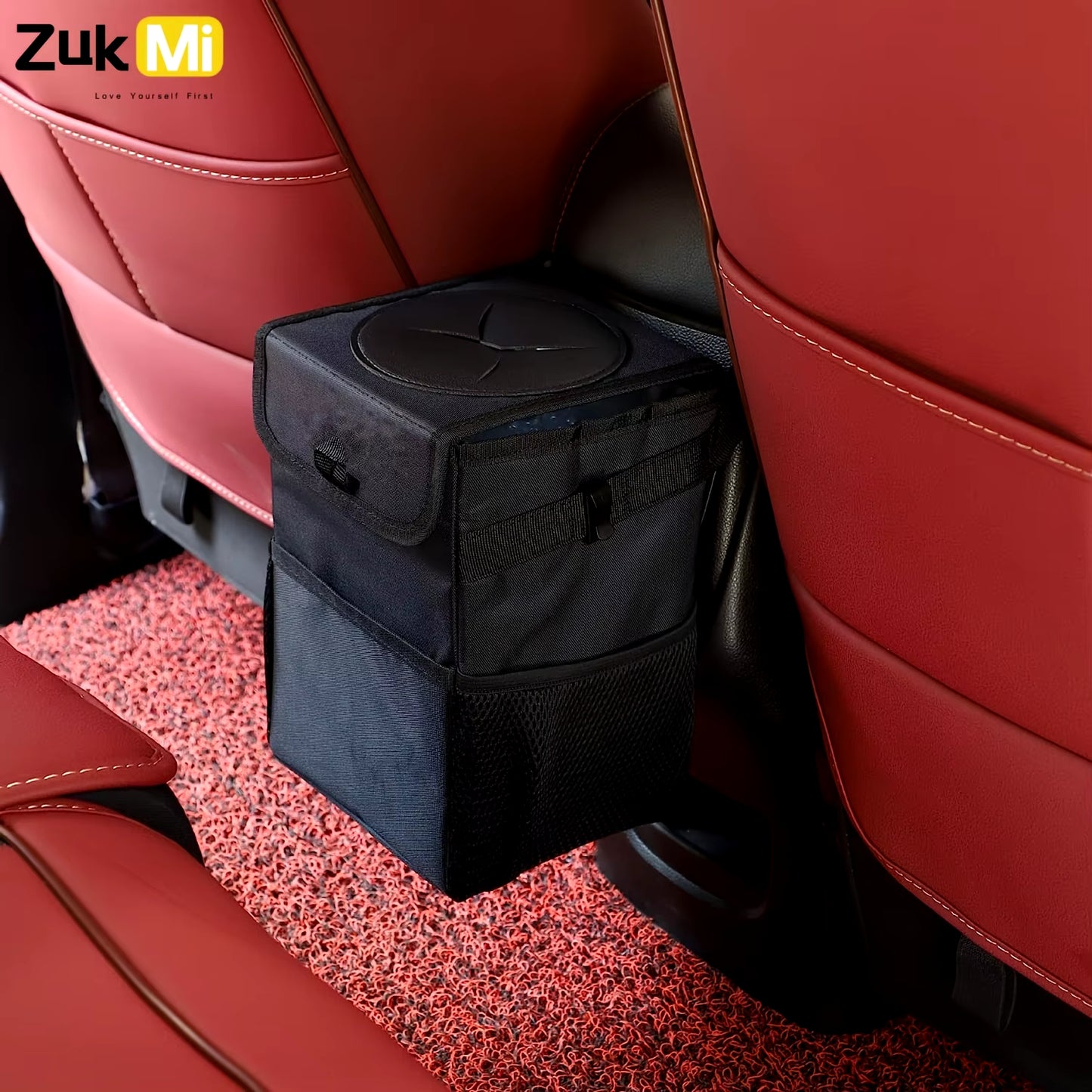 Zukmi Car Trash Can with Lid - Car Trash Bag Hanging with Storage Pockets Collapsible and Portable Car Garbage Bin