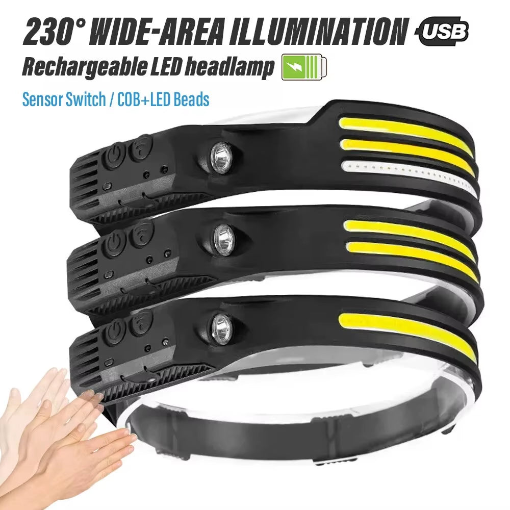 Induction Headlamp COB LED Sensor Head Lamp Built-In Battery Flashlight USB Rechargeable Head Torch 5 Lighting Modes Headlight