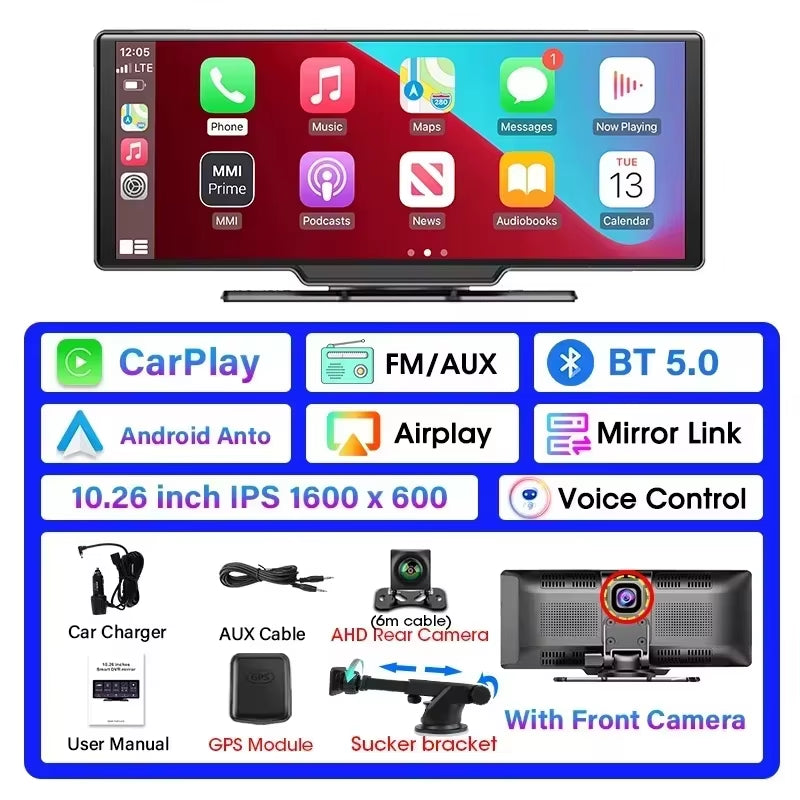 Yunpan 10.26" Dash Cam 4K 2160P Rearview Camera Carplay & Android Auto Dvr Gps Navigation Voice Control Car Dvr 5G Bt Fm Monitor