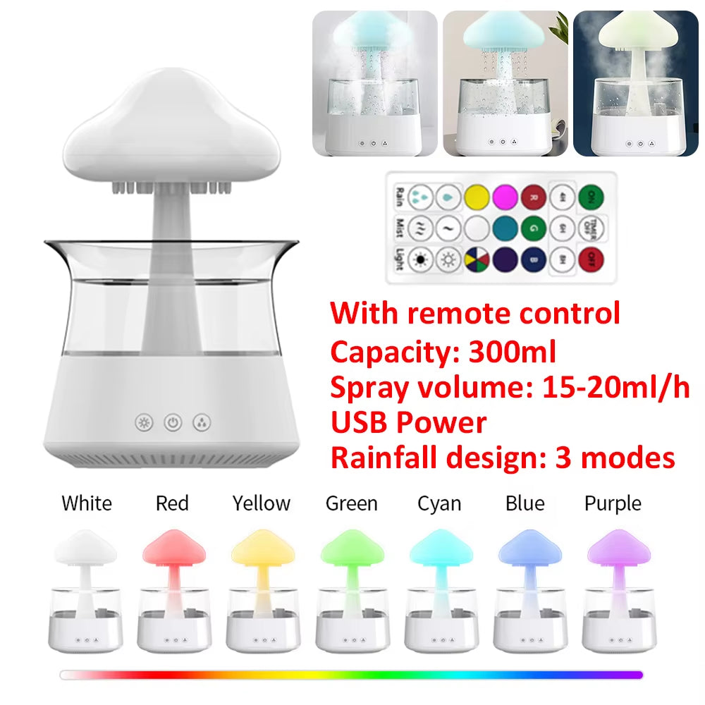 Mushroom Air Humidifier Rain Cloud Night Light Smell Distributor Water Drops Sounds Diffuser Calming Relax Aromatherapy Lamp