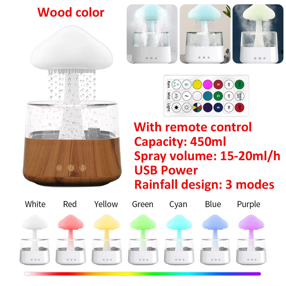 Mushroom Air Humidifier Rain Cloud Night Light Smell Distributor Water Drops Sounds Diffuser Calming Relax Aromatherapy Lamp