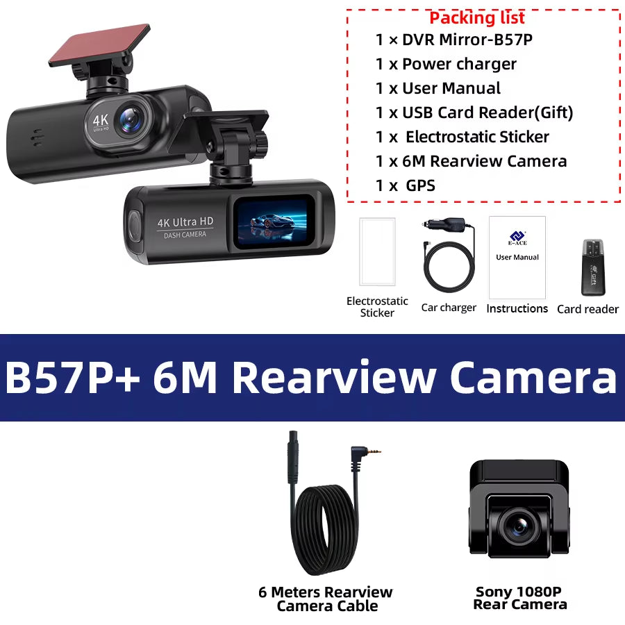 Dash Cam UHD 4K for Car Camera Night Vision with GPS Wifi 24H Parking Loop Record 4K Front and 1080P Rear Dual Lens