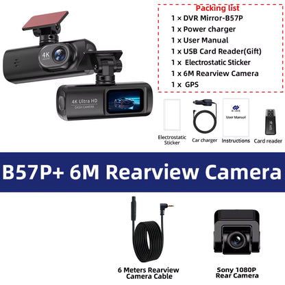 Dash Cam UHD 4K for Car Camera Night Vision with GPS Wifi 24H Parking Loop Record 4K Front and 1080P Rear Dual Lens