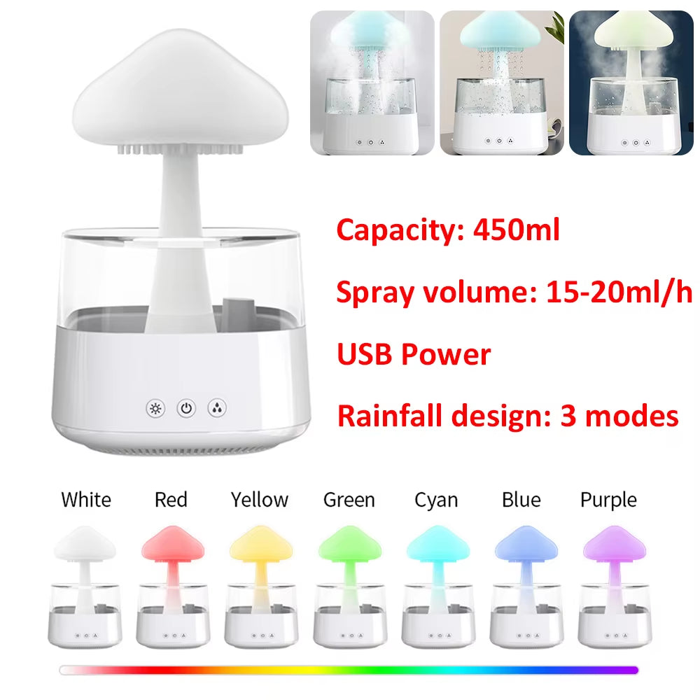 Mushroom Air Humidifier Rain Cloud Night Light Smell Distributor Water Drops Sounds Diffuser Calming Relax Aromatherapy Lamp