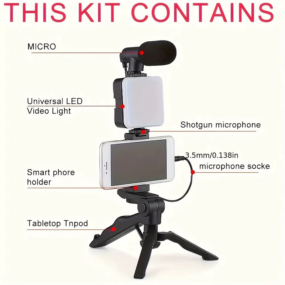 Smartphone Vlogging Kit with Tripod Phone Holder Mini Microphone LED Fill Light Starter for Tiktok Live Stream Video Youtube