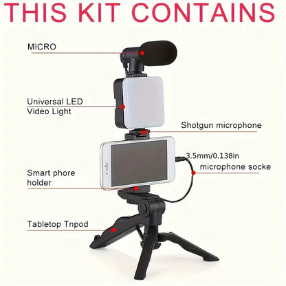 Smartphone Vlogging Kit with Tripod Phone Holder Mini Microphone LED Fill Light Starter for Tiktok Live Stream Video Youtube